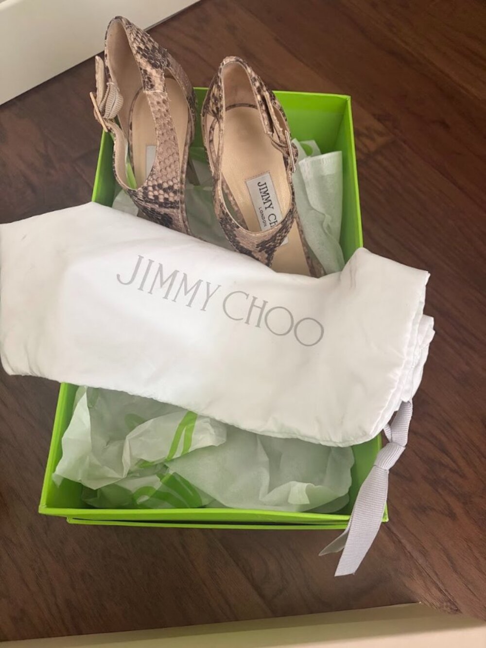 Jimmy Choo Tan & Brown Snakeskin T-Strap Platform Sandals- Size 36 1/2 - Picture 8 of 8